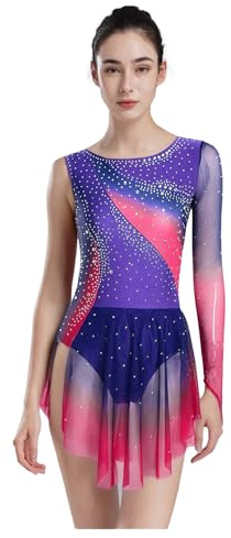 Nyeemya Vestido de Patinaje Artístico Leotardos Mujer Danza Maillot de Gimnasia Rítmica con Falda y Pedrería Brillante Vestido de Danza Lírica Disfraz de Bailarina Morado 3XL