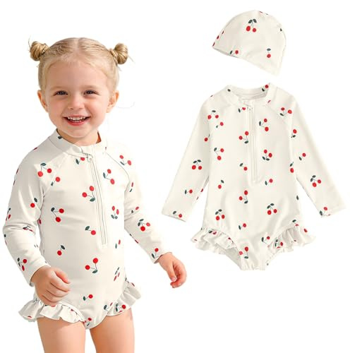 Costume da Bagno per neonata con Cuffia da Nuoto Costume da Bagno a Maniche Lunghe con Stampa Ciliegie Costume da Bagno con Protezione Solare e Cerniera Frontale Costume Intero per Bambina