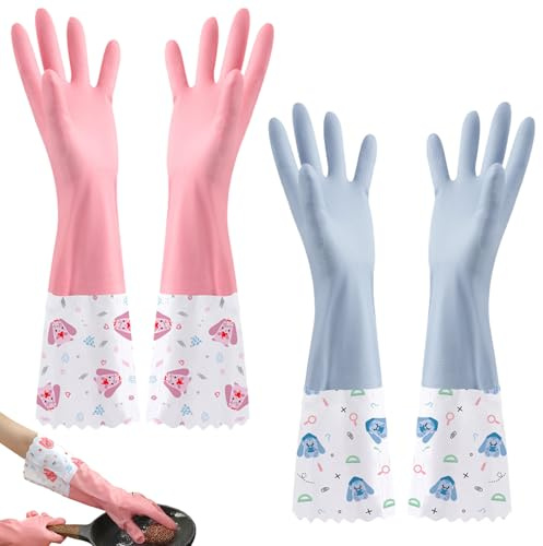 JYJLLM Haushaltshandschuhe Set Mit Flauschfutter & Hasenmuster - 2 Paar Extra Lange Spülhandschuhe 40cm - Wasserdicht & Wärmeisolierend Für Reinigung & Gartenarbeit, Breite Passform (Rosa + Blau)