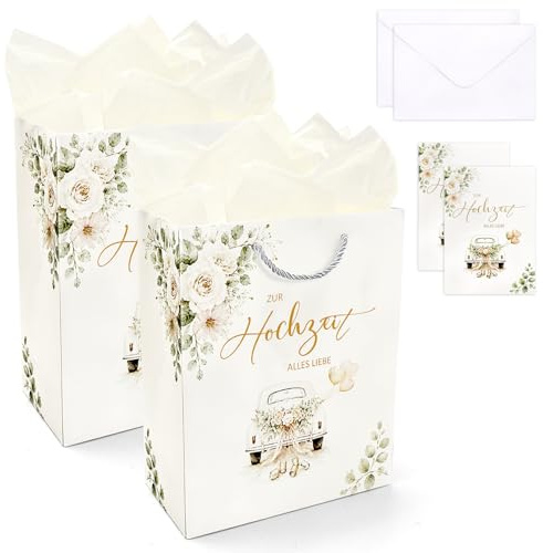2pcs Geschenktüten Hochzeit mit Henkel, Geschenkverpackung aus Papier mit 4 Geschenkpapier und 2 Grußkarten,Hochzeitsgeschenke für Brautpaar,Braut und Bräutigam,Dekoration für die Hochzeitsfeier