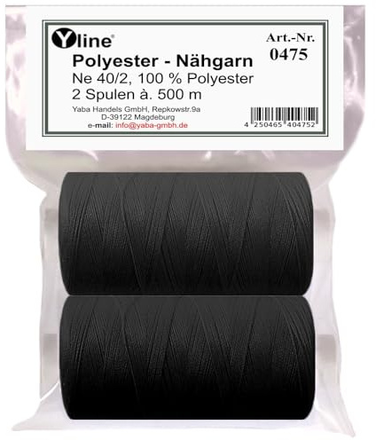 Yline - Nähgarn für Nähmaschine, Nähfaden Polyester, Syngarn Allesnäher, 1000 m (2 Spulen), 0475-02 schwarz