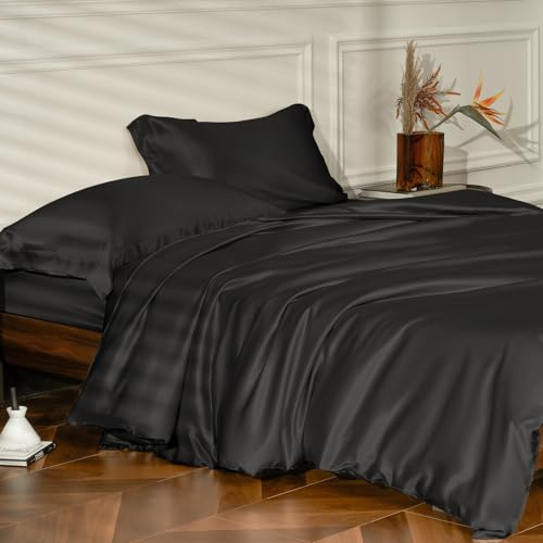 THXSILK 25 Momme Silk Duvet Cover Set 4PCS(1 Duvet Cover + 1 Fitted Sheet + 2 Pillow Shams),100% Mulberry Natural Silk Bedding Set (Black, King)