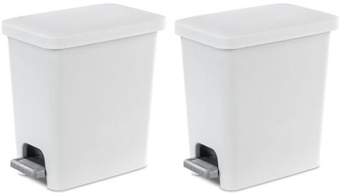 Sterilite 2.7 Gallon Rectangular StepOn Wastebasket, Small, White lid and base with Titanium pedal and Liner