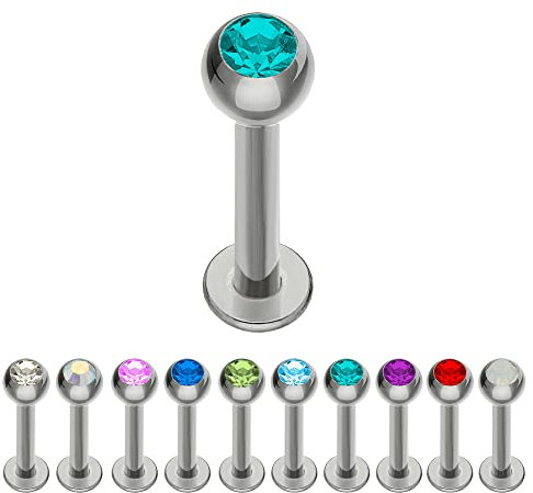 Treuheld® | Silbernes TITAN LABRET PIERCING mit KRISTALL - [27.] 1.0 x 8 mm (Kugel: 2.5mm) - petrol