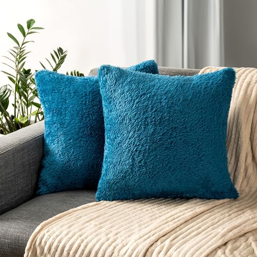 PAVILIA Flauschige Kissenbezüge für Bett, Sofa, Couch, weicher Kunstfell-Kissenbezug, quadratischer Sherpa-Kissenbezug, Heimdekoration, Blaugrün, 20 x 20 cm, 2 Stück