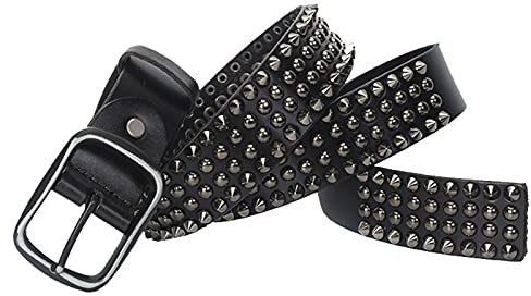 Nietengürtel Mit 4-Reihig Spitznieten Für Damen Und Herren,Ledergürtel Im Hip Hop Rock Design Gürtel 105-125Cm Länge Kürzbar,Schwarz,125cm/waist:42~44