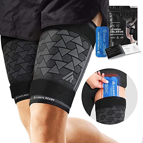 Always Ready, Oberschenkelkompressions-Stützärmel (2 Stück pro Packung) mit Heiß- und Kaltgelpackung für Kniesehne und Quadrizeps, Männer und Frauen, Zwei verstellbare Kompressionsriemen (L)
