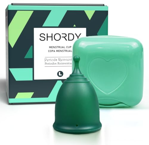SHORDY Coppa mestruale, confezione singola (Large) con scatola, flessibile, coppetta mestruale | Up to 12 ore di comfort, Eco-Friendly & Saffer Alternative to Pads & tamponi (verde)