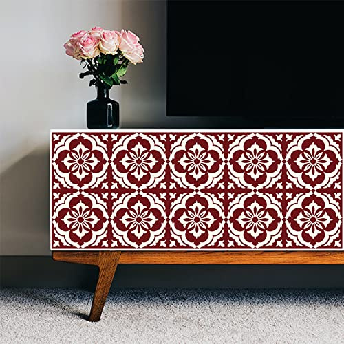 Tile Stickers Red Retro Style Stick on Tiles Waterproof Oil Proof Peel and Stick Floor Tiles PVC Kitchen Tile Stickers Self Adhesive Tile Decals for Living Room Bathroom Decor 15PC(12x12cm)