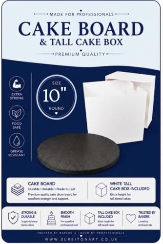 Art of cake® 10 inch Black Drum Board and 10x10x10 inch Tall Cake Box Round cake Board and white transporting Box Sets