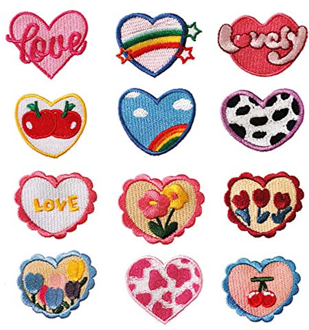 Love bestickte Auto-Stick-Patches für Dekoration, 12 Stück Aufnäher Kleidung Applikationen mit verschiedenen Mustern, niedliche herzförmige Patches für Taschen, Zelte, T-Shirt, Jeans, Hut, Handyhülle