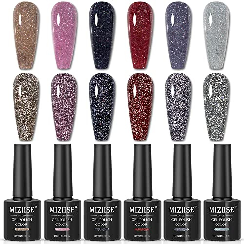 MIZHSE UV Nagellack Glitzer, 6 Farben, Weihnachts Glitter Gel Nagellack, Glänzend Gellack Set für Nail Art, 10ml x 6