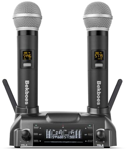 BEKBOES Professionelles Dual Dynamic Handheld UHF Wireless Microphone System, Magnetisches Induktives Kabelloses Laden, 50.3 m Reichweite für Home Karaoke/Meeting/Party/Kirche/Hochzeit