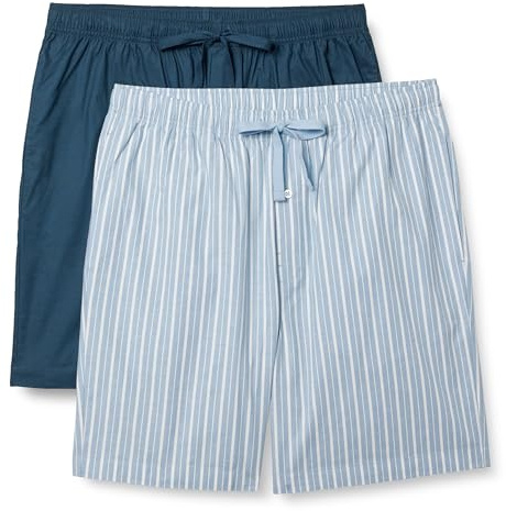 Amazon Essentials Pantalones Cortos de Pijama de Popelina Elástica y Algodón para Estar por Casa Hombre, Paquete de 2, Añil/Rayas, S