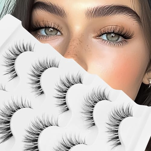 Veleasha Lashes Wispy False Eyelashes 100% Handmade Eyelashes Natural Look Fake Lashes Lightweight Lashes with Soft Clear Band 5 Pairs Pack (G2)