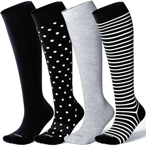 LEVSOX Bambu kompressionsstrumpor för kvinnor och män 20-30 mmHg knähöga söta stödstrumpor för sjuksköterskor, gravida kvinnor, resor, 4 par-mix3, Large