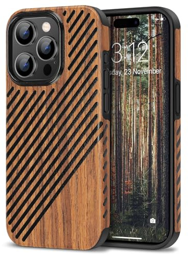 TENDLIN Kompatibel mit iPhone 15 Pro Hülle Holz und Leder Hybrid Handyhülle (Rotes Sandelholz)