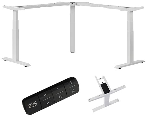 boho office® Höhenverstellbarer Schreibtisch Gestell - Elektrisch stufenlos, Eckschreibtisch mit 3 Motoren 50 mm/Sek, 3-Fach Teleskop, stabil, Memoryfunktion, Kollisionsschutz - Basic Line 90 Weiß