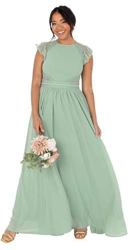 Maya Deluxe Women's Ladies Maxi Dress Crew Neckline Short Flutter Sleeve Lace Trim A-Line for Wedding Guest Evening Prom Ball Gown Vestito, Deep Sage, 42 Donna