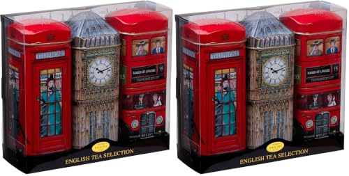 New English Teas English Icons 3x Tea Tin Gift Pack with 42 Traditional Teabags - Big Ben, London Bus and Phone Box, UK Souvenir (Pack of 2)