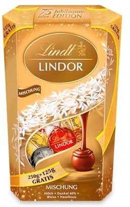 Lindt Schokolade | LINDOR Cornet Mischung | 375g | 25 Kugeln in feiner Schokolade mit zartschmelzender Füllung in 4 Sorten, Jubiläums Edition | Schokoladen-Geschenk