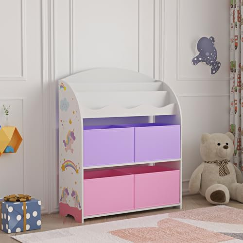 [en.casa] Scaffale per Cameretta con Contenitori a Scaletta Libreria 4 Scatole Pieghevoli Porta Giochi Mobile a Misura di Bimbi 97,5 x 82,5 x 29,5 cm Motivo Unicorno - Rosa/Viola