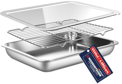 WAGENSTEIGER Stainless Steel Food Prep Pan Set with Rack & Transparent Lid, Casserole Dish, Roasting Pan for Oven, Buffet or Marination Use(No.3)