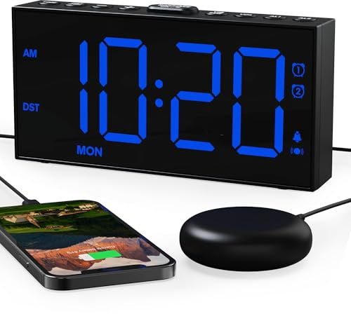 ROCAM Alarm Clock Bedside with Bed Shaker for Heavy Sleepers, Loud Dual Alarm with Weekday/Weekend Mode, Digital Clock with Bold Font, 3-Level Vibrating, USB Port, 5-Level Brightness, 70-120 dB Volume