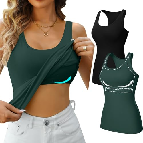 Charmo Unterhemd Damen BH-Hemd Baumwoll Basic Racerback Tank Tops mit Regal-BH Stretch eng Top Slim Fit Shirts Frauen 2er Pack