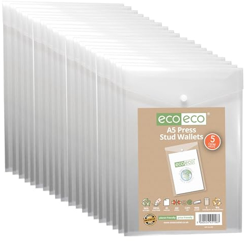 eco-eco A5 50% recycelte, transparente Hochformat-Mappe mit Druckknopf, Kunststoff, 230 x 170 mm, 200 mic, eco158 x 4