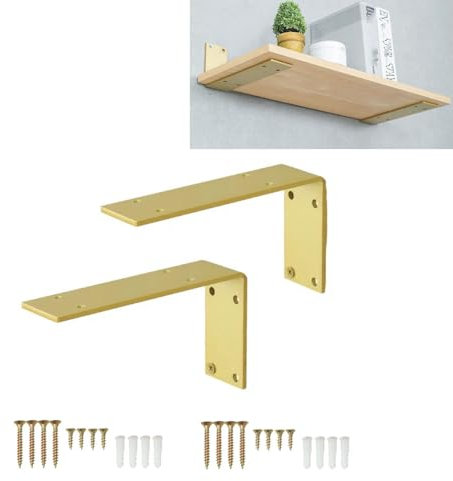 2 Stück Regalwinkel,Schwerlast Regal Wandhalterung,Metall Regalhalter,Schwerlast L Regalwinkel,90 Grad Winkel Regalhalterung,für Zuhause,Küche,Büro,Wand,mit Schrauben (Gold,28.5cm)