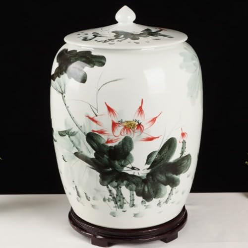 HOLGVE Ceramic Rice Bucket, Ceramic Rice Container with Lid, Rice Cylinder Rice Jar, Sealed Food Storage Container, Grain Dispenser, Retro Rice Storage Box, for Flour, Corn, Tea(White-C,15KG)