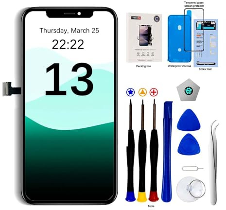 EFaith Écran pour iPhone 13 6.1 LCD Ecran de Rechange Full HD Tactile Digitizer Assembly avec Kit De Réparation Complet + Protecteur D'écran + Adhésif Étanche pour A2482, A2631, A2634, A2635