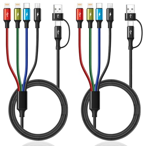 Minlu 4 in 2 USB Multi Ladekabel, Multi USB Kabel [2Stück 3m] Geflochten | Universal Ladekabel mit Lightning/Typ C/Micro USB Ports, USB Schnellladekabel für iPhone/Galaxy/Android/Google/Tablets