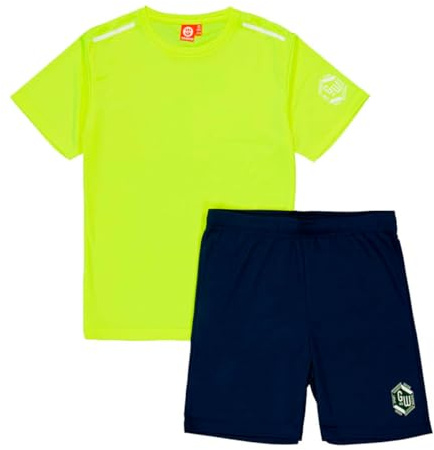 ALPHADVENTURE - Set sportivo per bambini, tuta da 2 pezzi, set maglietta a maniche corte e pantaloncini sportivi - taglie dai 6 ai 14 anni, NEON YELLOW / NAVY, 12 anni