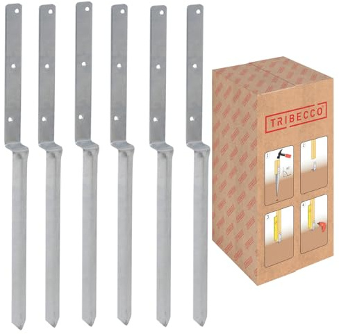 TRIBECCO Einschlag-Bodenhülse L-Form für Vierkant-Holzpfosten Abmessungen 40 x 700 mm L-Pfostenträger zum Einschlagen in den Boden universeller L-Stützenschuh aus Stahl feuerverzinkt (6 Stück)