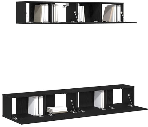 vidaXL Set de 4 Piezas para Mueble de Televisión Negro de Madera Aglomerada, Diseño Montado en la Pared con Acabado Mate para la Sala de Estar, Solución de Almacenamiento, Estante, Unidad de Entreten