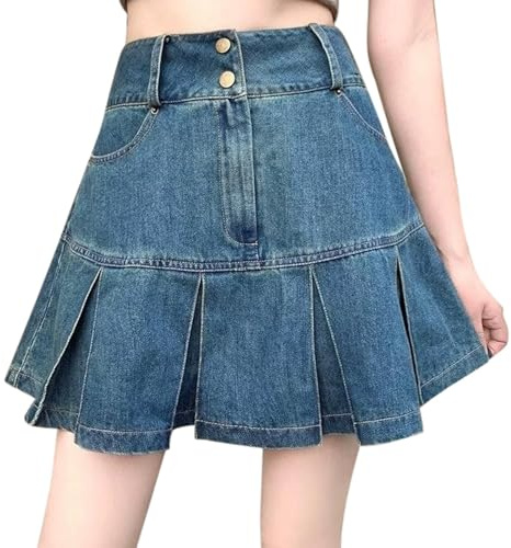 Jupe crayon en jean pour femme - Taille haute - Culotte asymétrique - Mode décontractée - Jupe en jean avec pantalon court - Ligne A - Bouton - Pantalon élégant, bleu, L