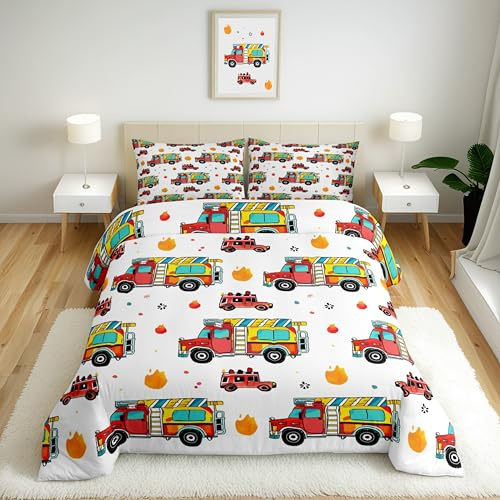 Homewish Cartoon Feuerwehrauto Bettwäsche Kinder Bunte Auto Bettbezug Set 135x200 für Mädchen Jungen Teenager Feuerwehrmann,Rettungsthema Bettwäscheset Brandschutz Brandschutzwissen Thema Raumdekor