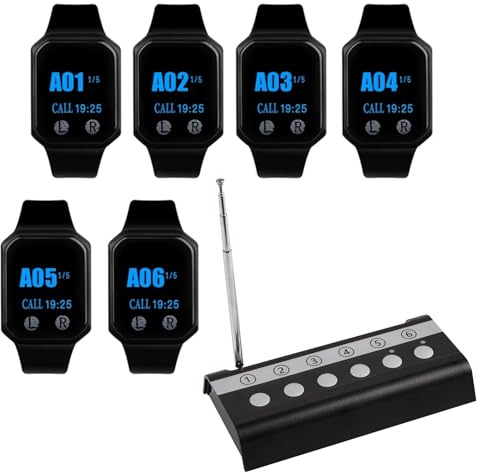 Wireless Restaurant Paging System with 6 Waiter Watches/1 Call Button, Fast Alert Buzzer for Dish Pickup, Chef Calls, Food Service – Diner, Cafe, Catering Staff Communication