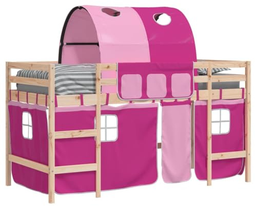 Goldicoo Kinder Hochbett mit Vorhänge & Tunnel – Rosa Blau Schwarz – 80x200 90x190 90x200 – Massivholz Kiefer – Spielbett Kinderbett für Jungen und Mädchen