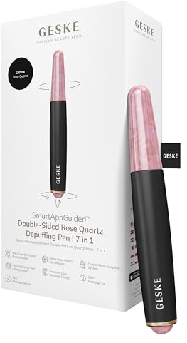 GESKE Double-Sided Rose Quartz Depuffing Pen | 7 in 1 | Face Yoga | SmartAppGuided | Gesichtsmassagen | Anti-Schwellungen | Rosenquarz-Gesichtsroller | Handliches Stift-Design