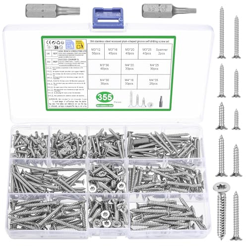 355 Stück Torx Schrauben Set, Edelstahl Holzschrauben Spanplattenschrauben, Flachkopfschrauben Senkkopfschrauben Blechschrauben Selbstschneidende Schrauben Set