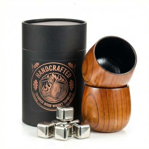 LAHAQIQI Whiskyglas i Charred Wood set med 2 (300 ml) – handgjorda gammaldags glas för Bourbon & Scotch – okrossbar present till män, pappa, make till jul och födelsedag