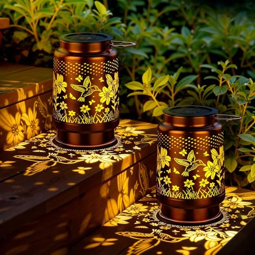 KagoLing - Luci solari da giardino all'aperto, confezione da 2 pezzi, colibrì, ornamenti da appendere, lanterne solari per luci da giardino all'aperto, impermeabilità IP65, decorazione in metallo