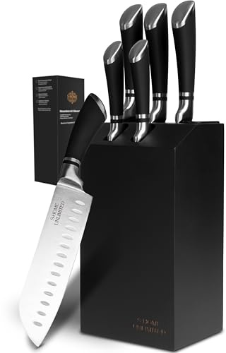 S-Home Unlimited Messerblock mit Messer schwarz | 6-teilig, Edelstahlgriffe | 5 Messer für jeden Schnitt | Kochmesser, Brotmesser, Santoku, Universal- und Gemüsemesser – bewusst gewählt statt Füllteile
