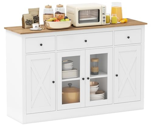 COSTWAY Aparador Buffet Grande, Mueble Auxiliar de Cocina con 3 Cajones, 2 Puertas Transparentes, Estantes Ajustables, Mueble de Bar Moderno para Salón, Comedor, Entrada, 140x40x90 cm (Blanco)