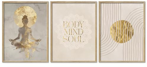 ARTFAVES® Poster Set - Yoga Spirit Trio - 3-teilige Bildercollage Wohnzimmer, Schlafzimmer - moderne Wandbilder Meditation, Achtsamkeit, Beige, Spirituell - 30x40 cm - mit Rahmen Eiche
