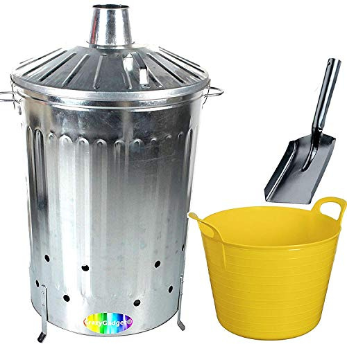 CrazyGadget® 125 Litre 125L Extra Large Galvanised Metal Incinerator Fire Burning Bin with Special Locking Lid + Ash Shovel + 42L Litre Plastic Flexi Tub (Yellow)