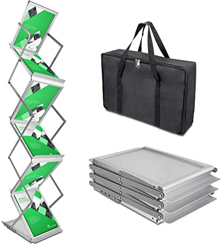 PUJIANG 6 Pockets Collapsible Literature Rack for Trade Shows, Metal Floor Standing Literature Stand Catalog Rack Brochure Rack Flyer Holder Pamphlet Holder with Carry Case